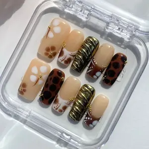 10PCS Short Square Handmade 3D Acrylic Press-On Nails with Autumn Leaves & Luxe Neutrals | Reusable Fake Nails | Gradient French Style | Elegant Fall Charm with Glitter