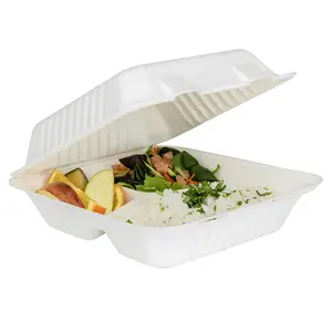 Karat Earth 8''x8'' Compostable Bagasse Hinged Containers, White, 3 Compartments - 200 pcs
