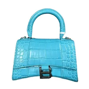 Pre-owned Balenciaga Leather Shoulder Bags Hourglass XS Top Handle Bag in Cyan Crocodile Embossed Calfskin with Gunmetal Tone Hardware