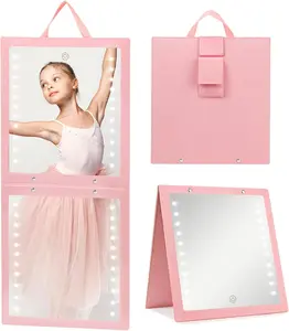 Lighted Hanging Mirror for Dance Backstage - Rechargeable Folding LED Full Length Mirror with Lights for Dancers, Portable Foldable Travel Body Mirrors, Brightness Adjustable, Pink