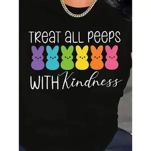 Vibrant Style Women' s Easter Peeps Graphic T- Shirt - Treat All Peeps with Kindness Print, 100, Soft & Breathable Casual Short Sleeve Tee for Daily Wear, Travel, Fitness, All Seasons