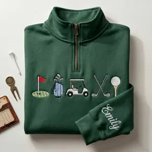 Embroidered Custom Golf Quarter Zip, Personalized Golfer Gift for Her Him, Golf Cart Bag Clubs Crewneck, Lover Jumper, Embroidered Gift