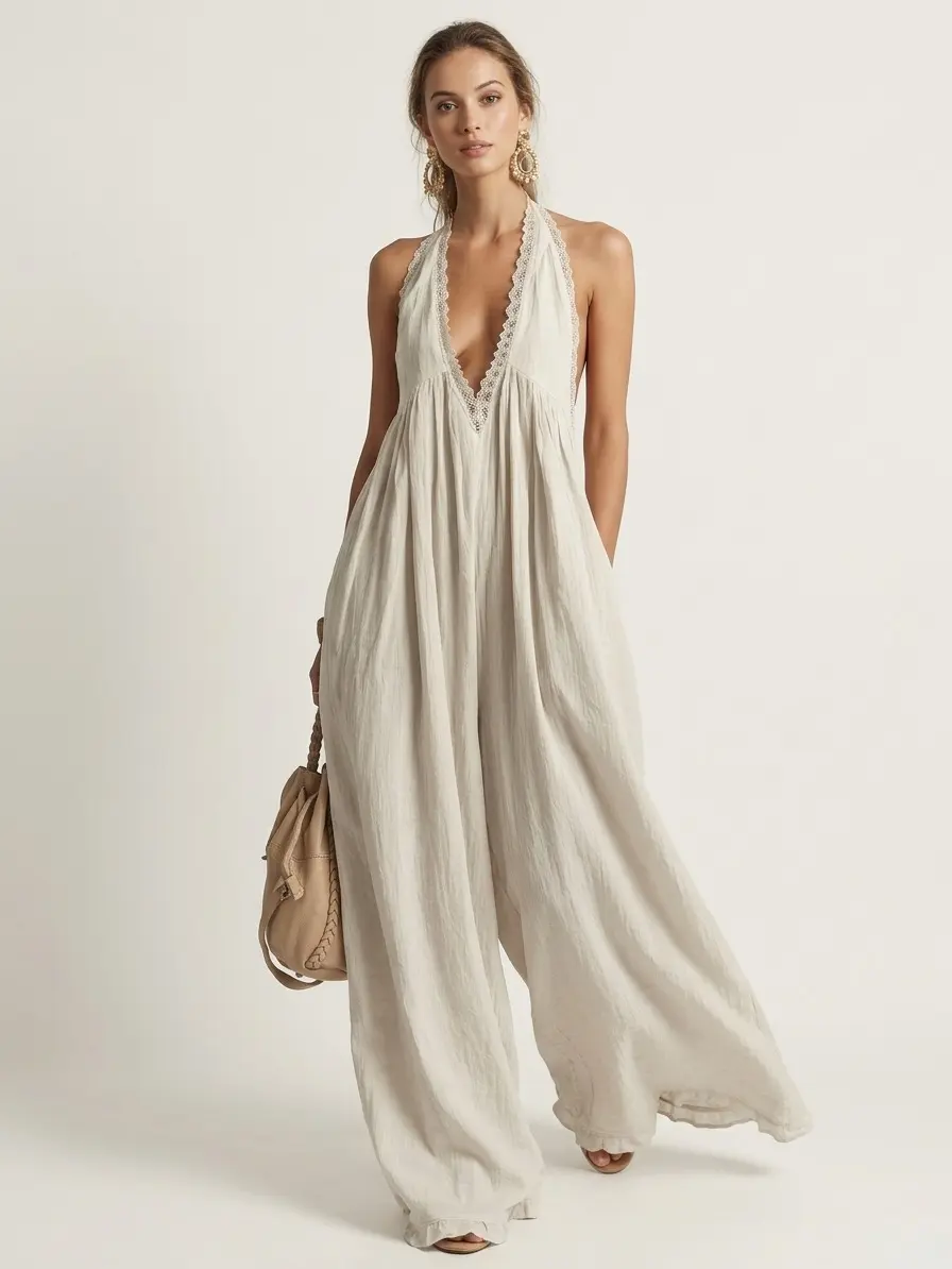 Women's 2026 Spring Summer US Boho Casual Plain Linen-Cotton Halter Deep V-Neck Sleeveless Lace Trim Oversized Wide Leg Ankle-Length Flowy Jumpsuit Clothes, Machine Washable Beach Vacation Outfit (S-3XL)