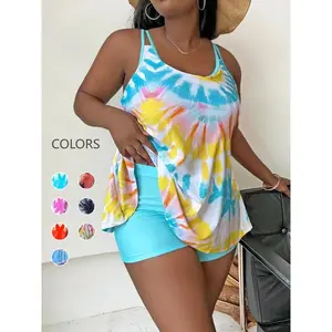 [PlusSize]?TieDyePrintCamiTop&ShortsSummerTankinisSet,SummerClothes,SleevelessSpaghettiStrapTop&Shorts,Women'sPlusSizeSwimsuit,Swimwear