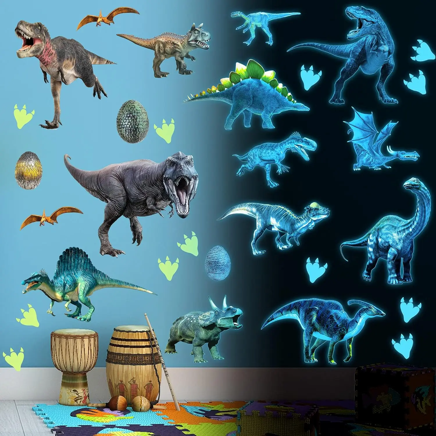 Dinosaurs Wall Decals Glow in The Dark Dinosaur Wall Stickers Removable Tyrannosaurus Wall Decor Dinosaur Eggs and Paw Print Wall Mural for   Living Room Bedroom Classroom Home Decoration