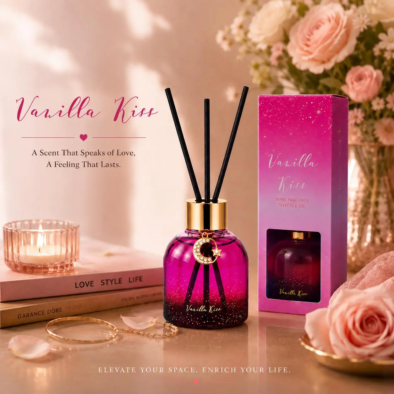 Reed Diffuser Set, Pretty Valley Home Diffuser 80Ml / 2.7 fl OZ Gift Box - Includes Reed Diffuser Sticks, Long Lasting Fragrance Oil and Glass Bottle for Office Living Room Decor (Vanilla kiss)