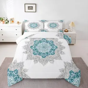 Chic Flower Comforter,Aesthetic Mandala Bedding Set,Boho Paisley Bedding Comforter Set,Teal Duvet Set,White Turquoise Bohemian Quilted Comforter