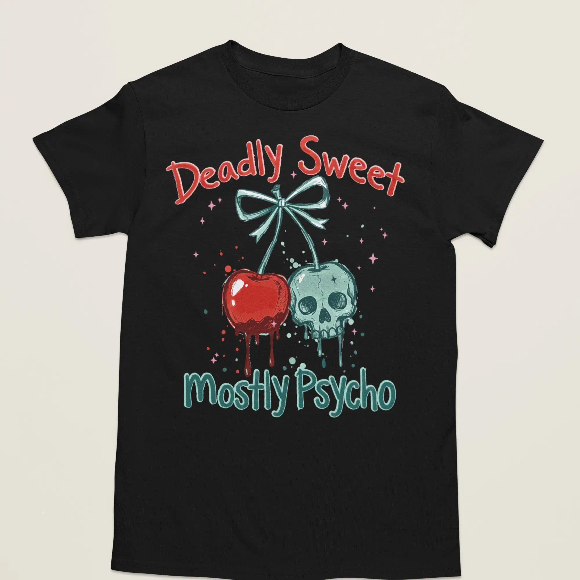 Deadly Sweet Mostly Psycho Graphic Tshirt with Cherry Skull Design for Unisex
