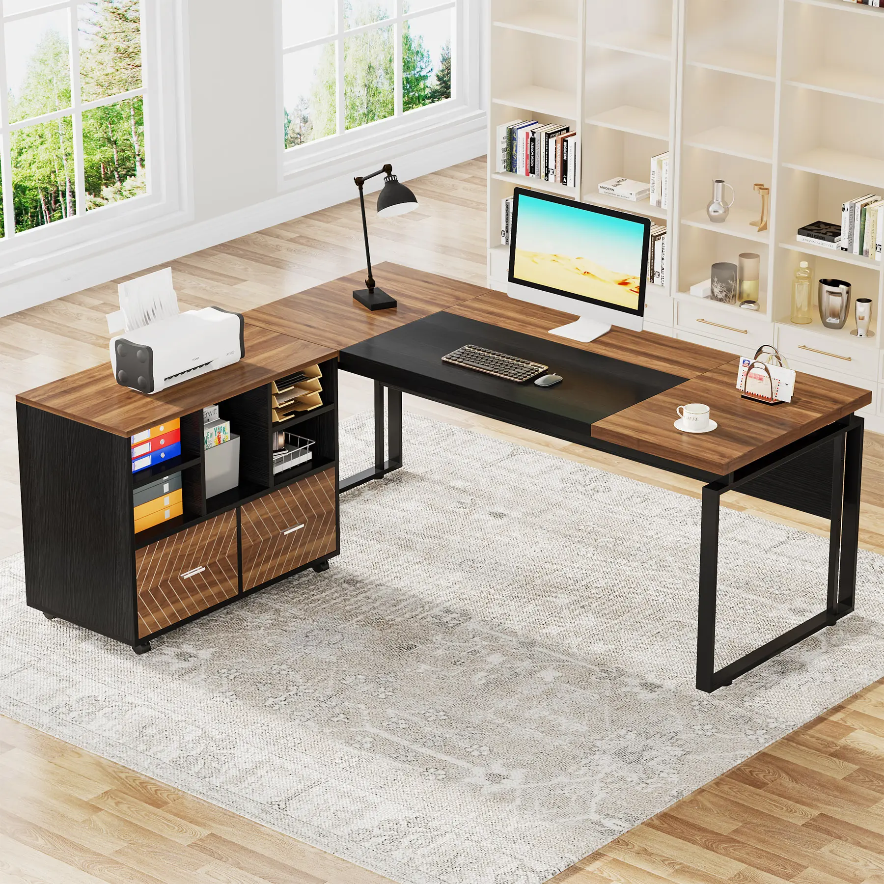 Tribesigns 63" L-Shaped Executive Office Desk with File Cabinet Combo, Large Modern Office Desk for Home Office, Reversible 2-Drawer Wood File Cabinet for A4/Letter Size Files(Brown & Black)