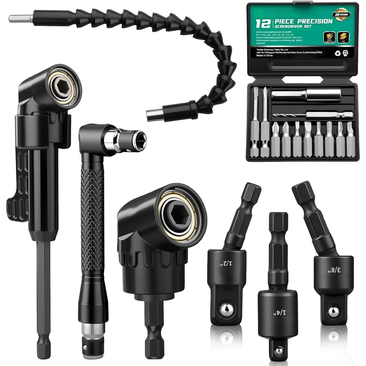 19 Pcs Flexible Drill Bit Extension Kit, Includes 2 Pcs 105°     Right Angle Drill Attachment, 3 Pcs Rotatable Socket Adapter, 10+2 Pcs Screwdriver Bits & Bendable Extension for Tight Spaces
