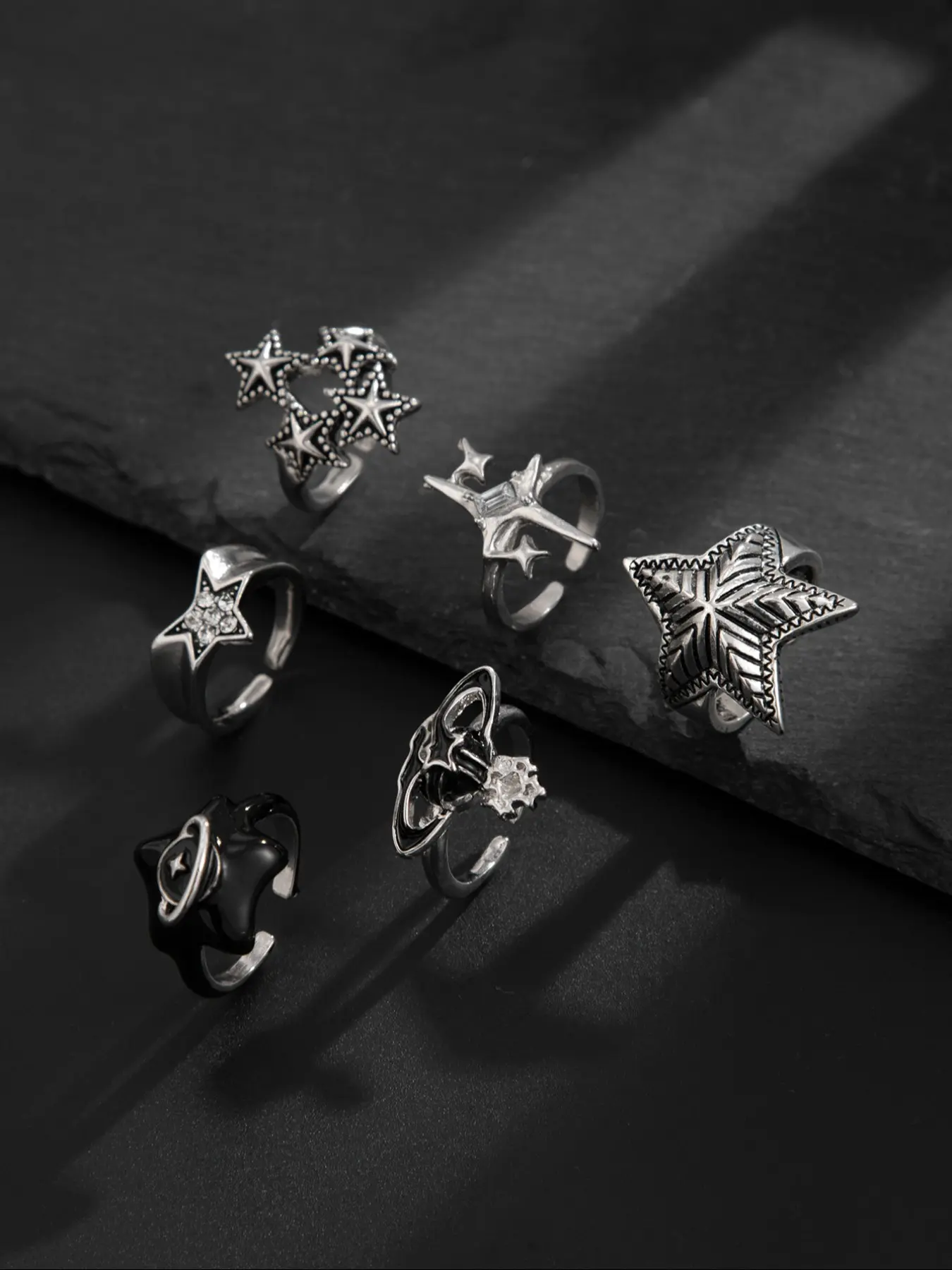 Vintage Silver Star Saturn Ring Set, Statement Rings, Unique Personality Style, Men's Hip Hop Street Fashion Accessory, Cool and Trendy Jewelry
