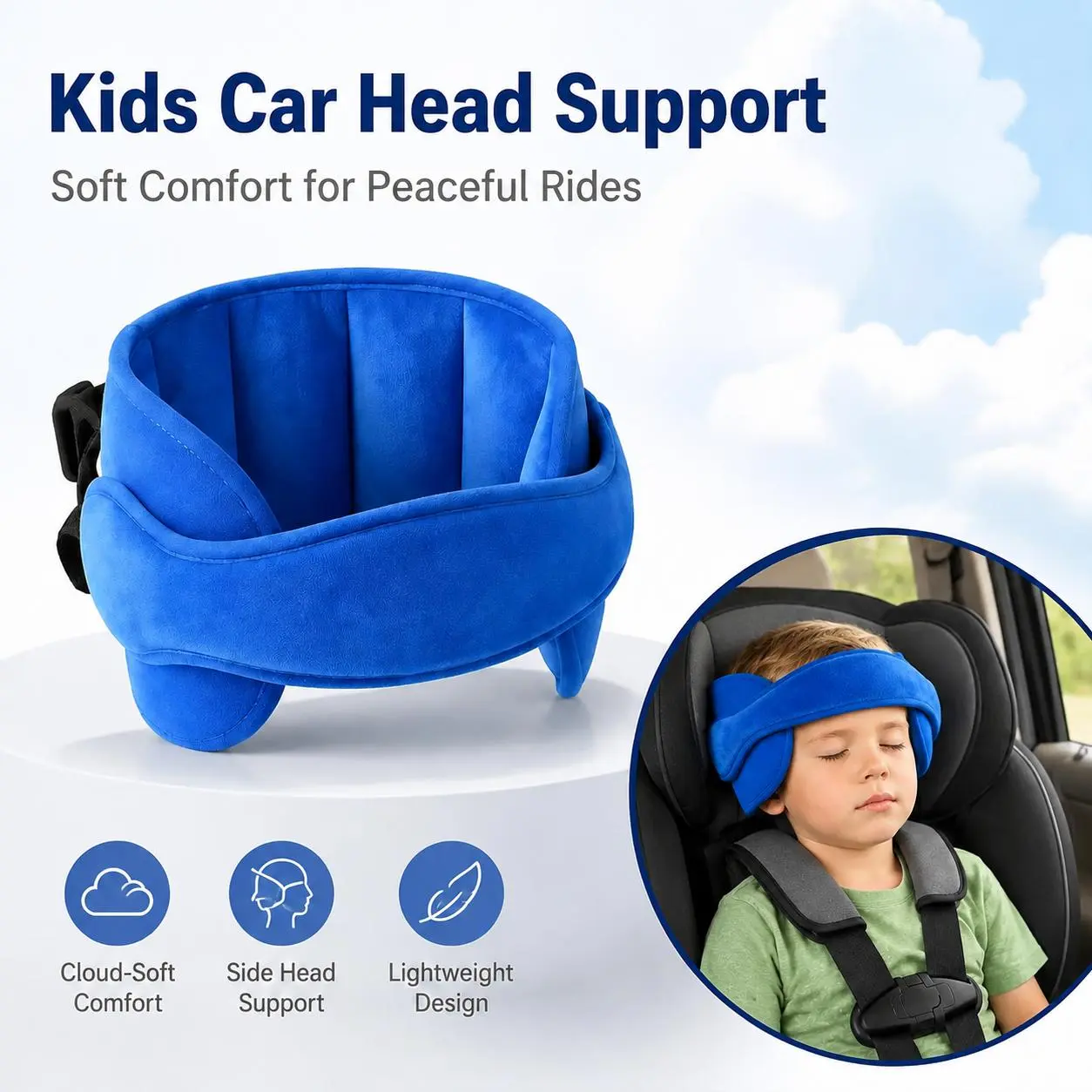 Kids Car Seat Head Support Strap, Soft Plush Adjustable Nap Support Band with Padded Side Cushions, Portable Travel Headrest Accessory for Toddlers and Children, Blue Pink Gray-YY