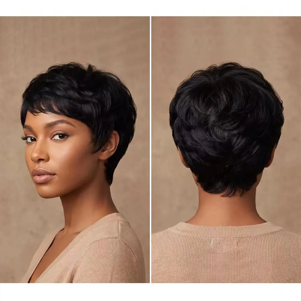 Human Hair Full Machine Wigs None -lace Wig Pixie Cut Wig Natural Black Wig Fashion Accessories, Hair Extensions & Wigs,