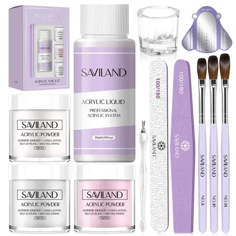 SAVILAND Beginners' Acrylic Nail Kit - Clear, White, Pink Powder Set with Liquid, Brushes, Forms, Dappen Dish | Beauty Products, Nail Care, Acrylic Overlays, French Styles, Selfcare for Home DIY Art,familyfun