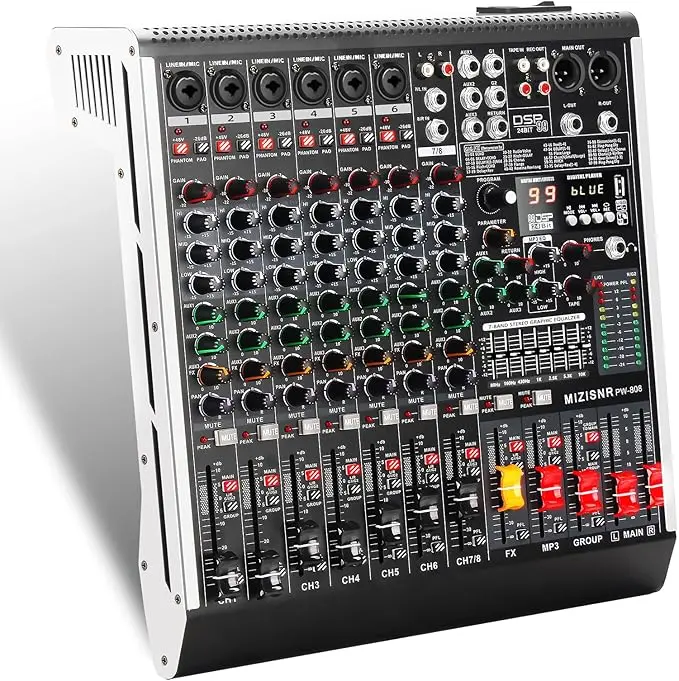 8 Channel Audio Mixer Professional Sound Mixing Board with 99 DSP Effects, 7-band EQ Digital DJ Mixer Console w/USB Bluetooth MP3 for Recording, Independent 48V Power & Mute Button Stereo Connection Smartphone