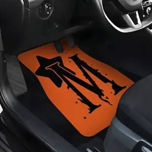 4pcs  Floor Mats with Black Lettering on Orange Background, Suitable for All Models, Material, Stylish and Durable, Easy to Clean - Perfect Gift for Thanksgiving, Halloween, Christmas, Holidays, Parties, or Family Gatherings