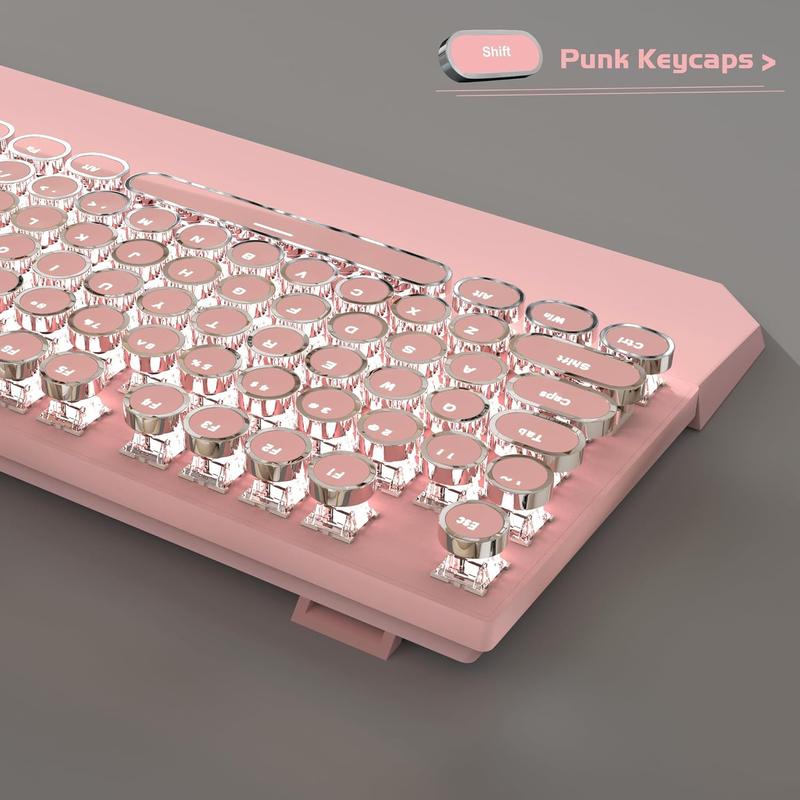 Typewriter Mechanical Gaming Keyboard, Retro Pink Punk Round Keycaps LED White Backlit Wired Keyboards with Detachable Wrist Rest for and Office, for Windows Laptop PC - Blue Switches Typewriter Mechanical Gaming Keyboard, Retro Pink Punk Round Keycaps LED White Backlit Wired Keyboards with Detachable Wrist Rest for and Office, for Windows Laptop PC - Blue Switches