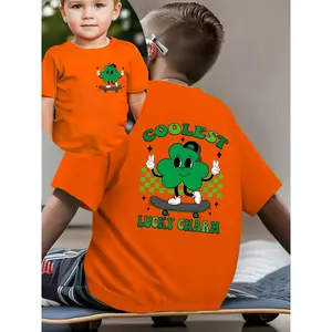 [Boys' Lucky Charm Tee] St. Patrick's Day Boys' Fashion Short-Sleeve T-Shirt "COOLEST LUCKY CHARM" - Summer Casual Top with Double-Sided Print - Cartoon Four-Leaf Clover, Skateboarder in Baseball Cap Giving Peace Sign