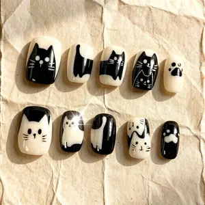 10pcs Short Square Press on Nails Cow Print Black White Comic Cat Design Y2K False Nails Cut Nails | Spring Summer Nails False Nail Reusable Easy to Wear for Parties, Daily & Dancing, Nail Kit, Nail Art Tool, Stick on Nails, DIY Nails Art
