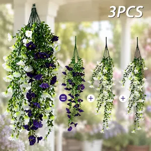 3PCS Purple White Morning Glory Hanging Vines, Outdoor UV Resistant Faux Flowers, Realistic Plastic Artificial Hanging Plants, No Maintenance Porch Patio Garden Courtyard Wedding Home Decor Decoration
