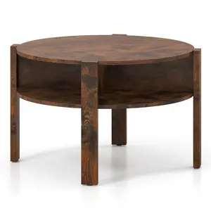 COSTWAY - 29.5 Inch Round Coffee Table with Storage Shelves for Small Space-Rustic Brown