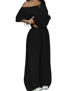 TFNOSIZE Women's 2-Piece Set Off-Shoulder Top & Loose Wide-Leg Pants Minimalist Street Style Breathable for Spring Autumn Fashion Suits Trouser Womenswear Clothes Loungewear Pajama