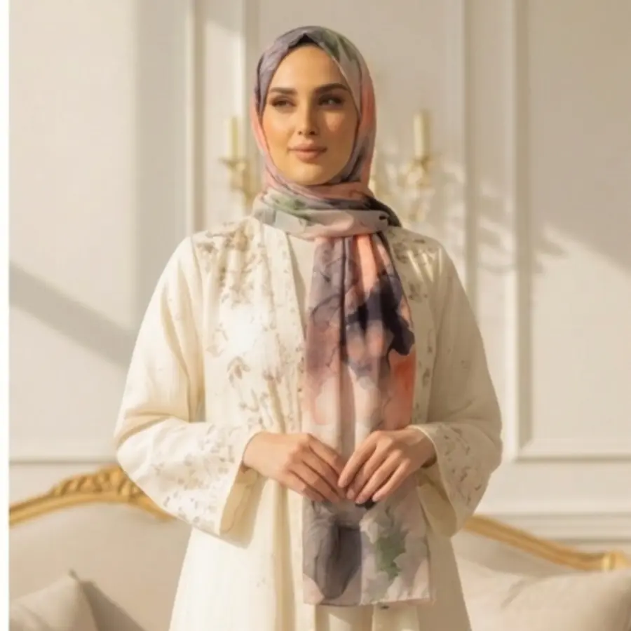 Watercolor Print Hijab  - Ever So Chic Textured (Self-Print) Chiffon Hijab