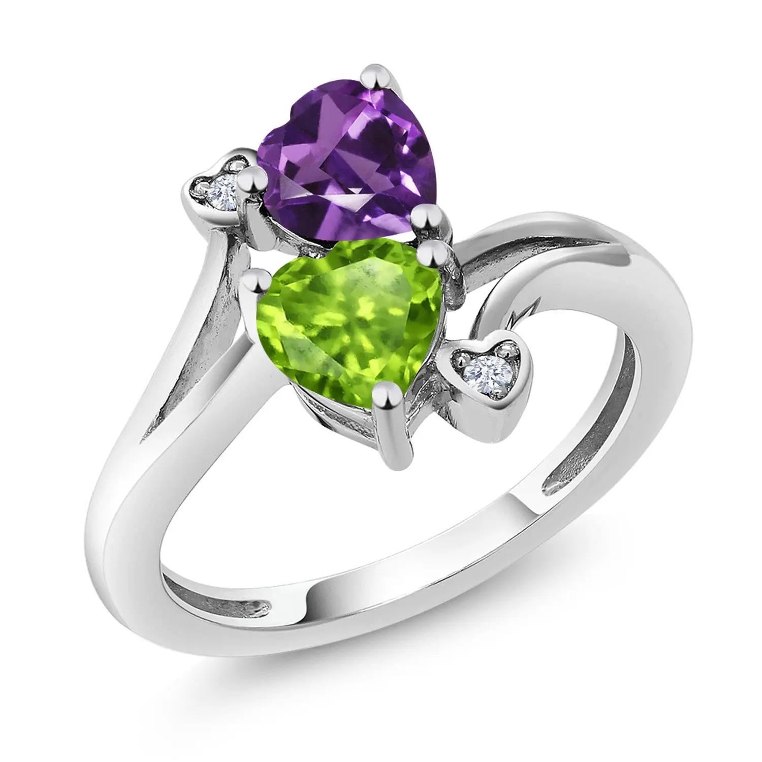 10K White Gold Purple Amethyst and Green Peridot Ring For Women (1.51 Cttw, Heart Shape 6MM, Gemstone Birthstone)