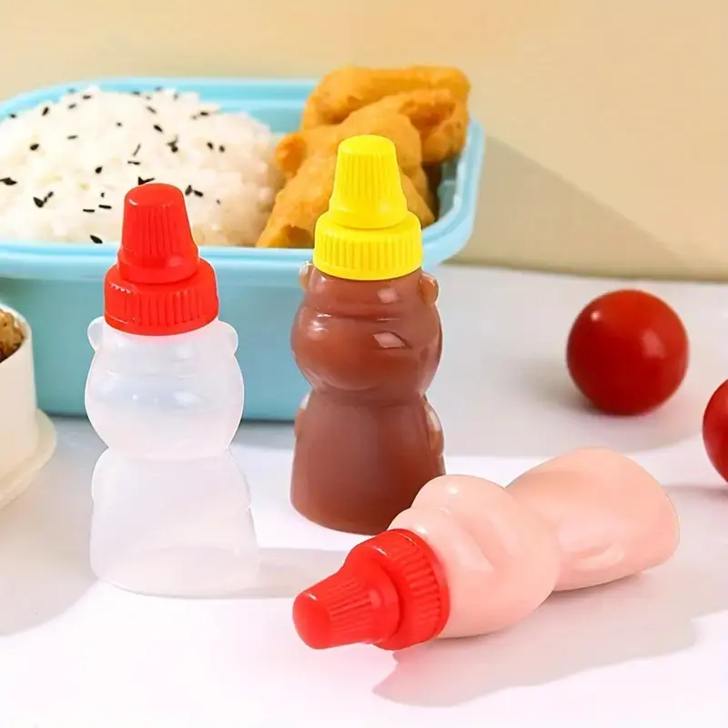 4-piece mini bear-shaped seasoning squeeze bottles, bright in color, suitable for ketchup, canola oil, butter, durable PP plastic, student lunch box, essential for travel, Portable Seasoning Containers