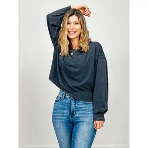 Mineral Washed Long Sleeve Cotton Cropped Top