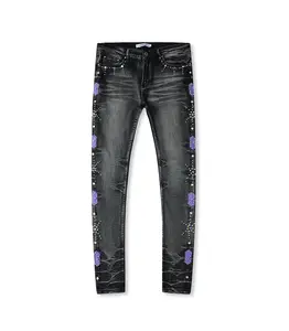 SHION7 Y2K Black Men's Washed Skinny Jeans, Purple Leather Patched Stud & Rhinestone Embellished Denim
