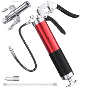 8000 PSI Heavy Duty Grease Gun Kit - 14oz with Flex Hose, Sharp Nozzle, Extension Pipe & Coupler, RedAGripset24