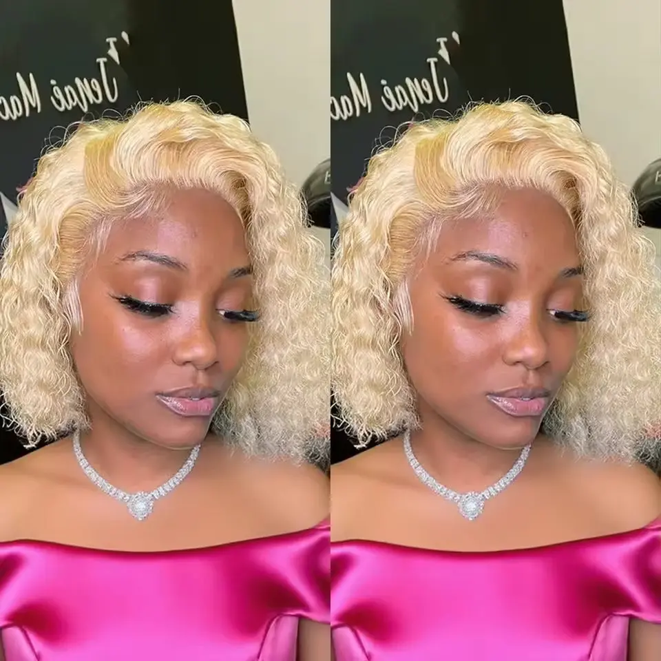 613 Honey Blonde HD Lace Frontal Wig Human Hair Curly 10inch Deep Wave Brazilian bob Colored Lace Front Wigs For Women