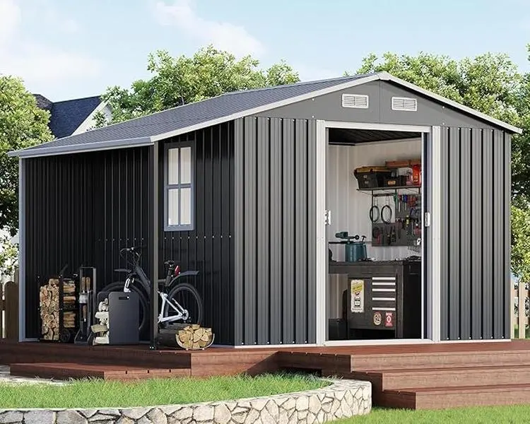 [Summerwins]【Ships in Multiple Boxes】AMERLIFE Outdoor Storage Shed with Doors and Windows, Open Outdoor Shed for Wood Storage, Dark Grey/White