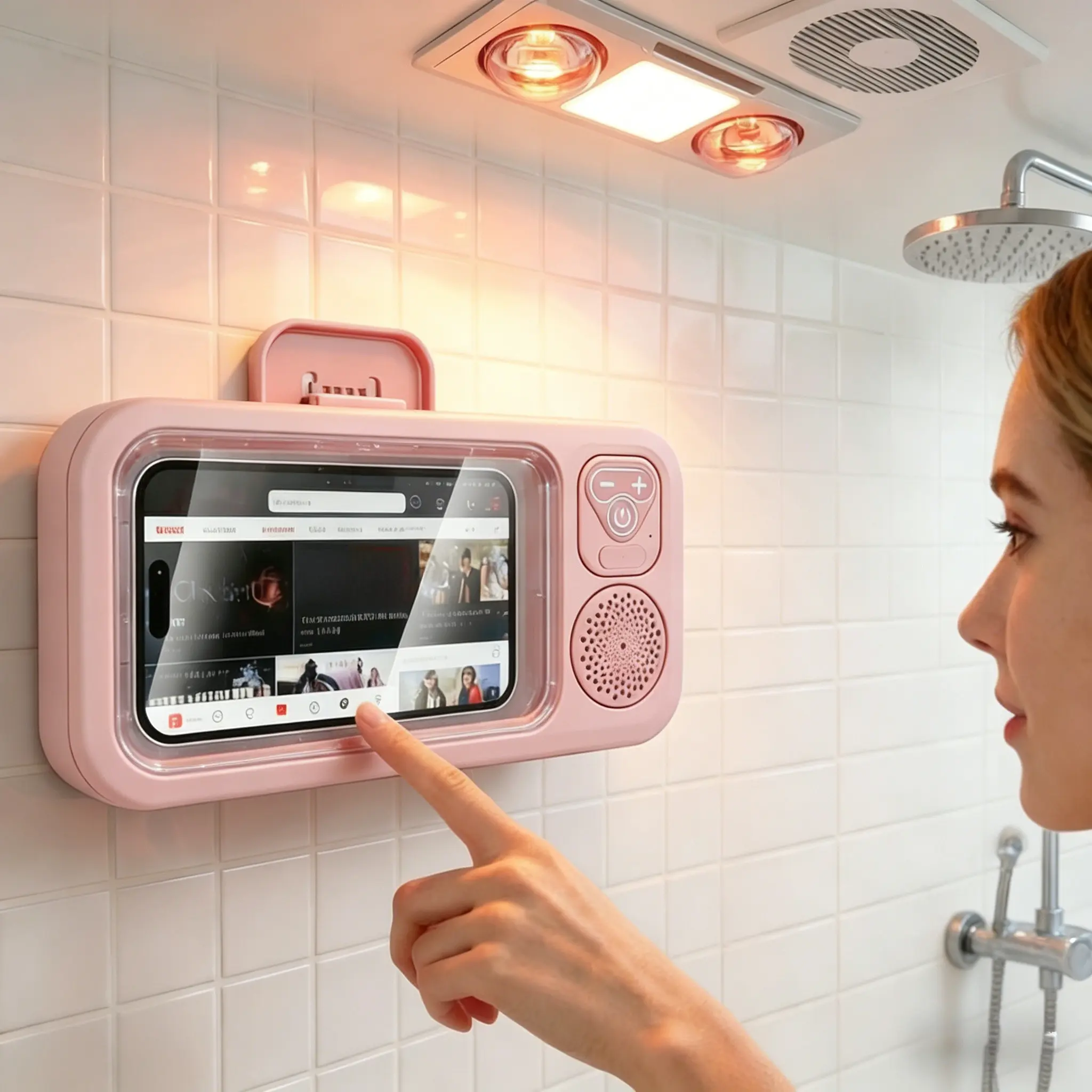 Waterproof Shower Phone Holder with 360° Rotation, Angle Adjustable, Enhanced Sound Quality, Wall Mounted Phone Holder for Bathroom Mirror Bathtub Kitchen, Up to 7 Inch(Pink)