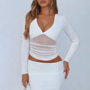 Sheer Mesh Paneled Long Sleeve V-Neck Ruched Crop Top for Women's 2025 Fall New Arrival Slim Fit Solid Color Casual Versatile T-Shirt Elegant Party Club Dating Sext Short Tops