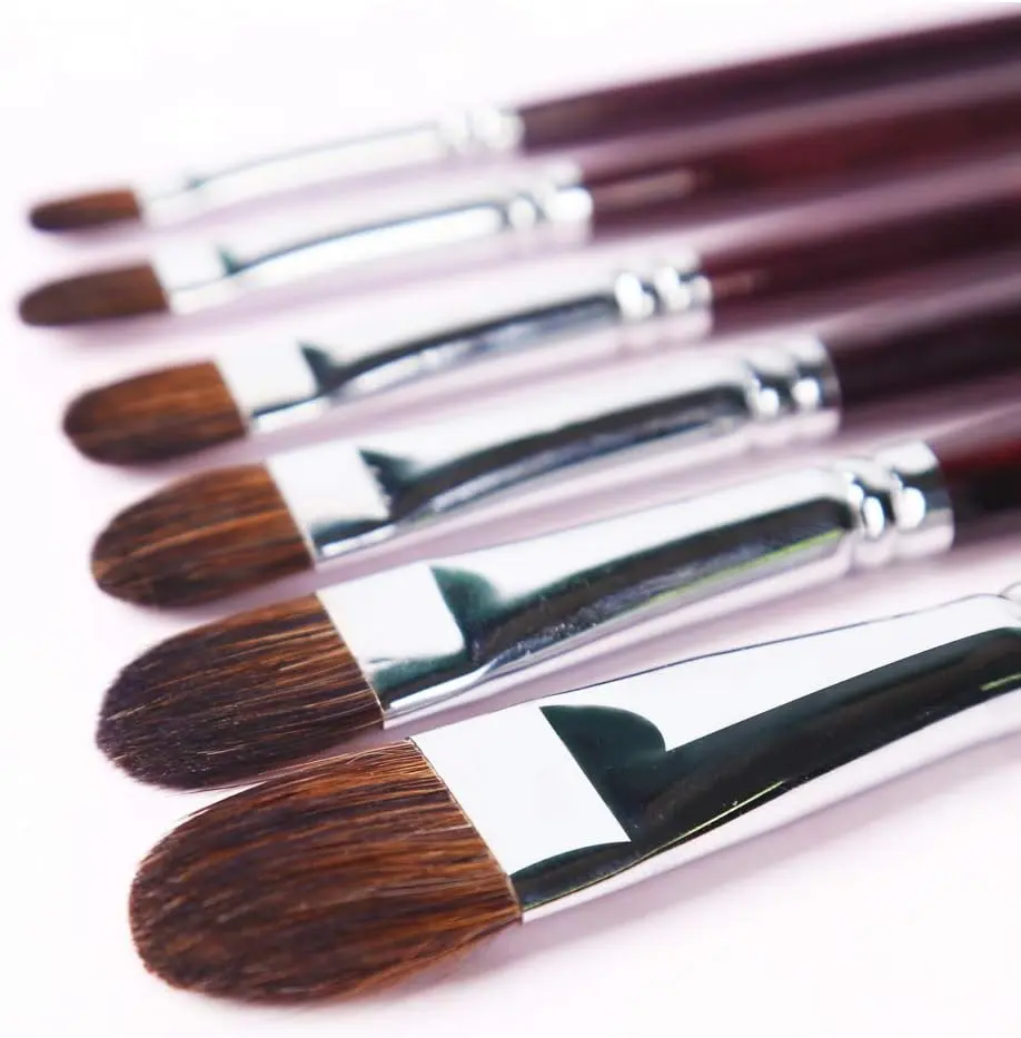 Transon Red Sable Filbert Paint Brushes 6pcs for Watercolor, Acrylic, Oil, Tempera and Gouache Painting