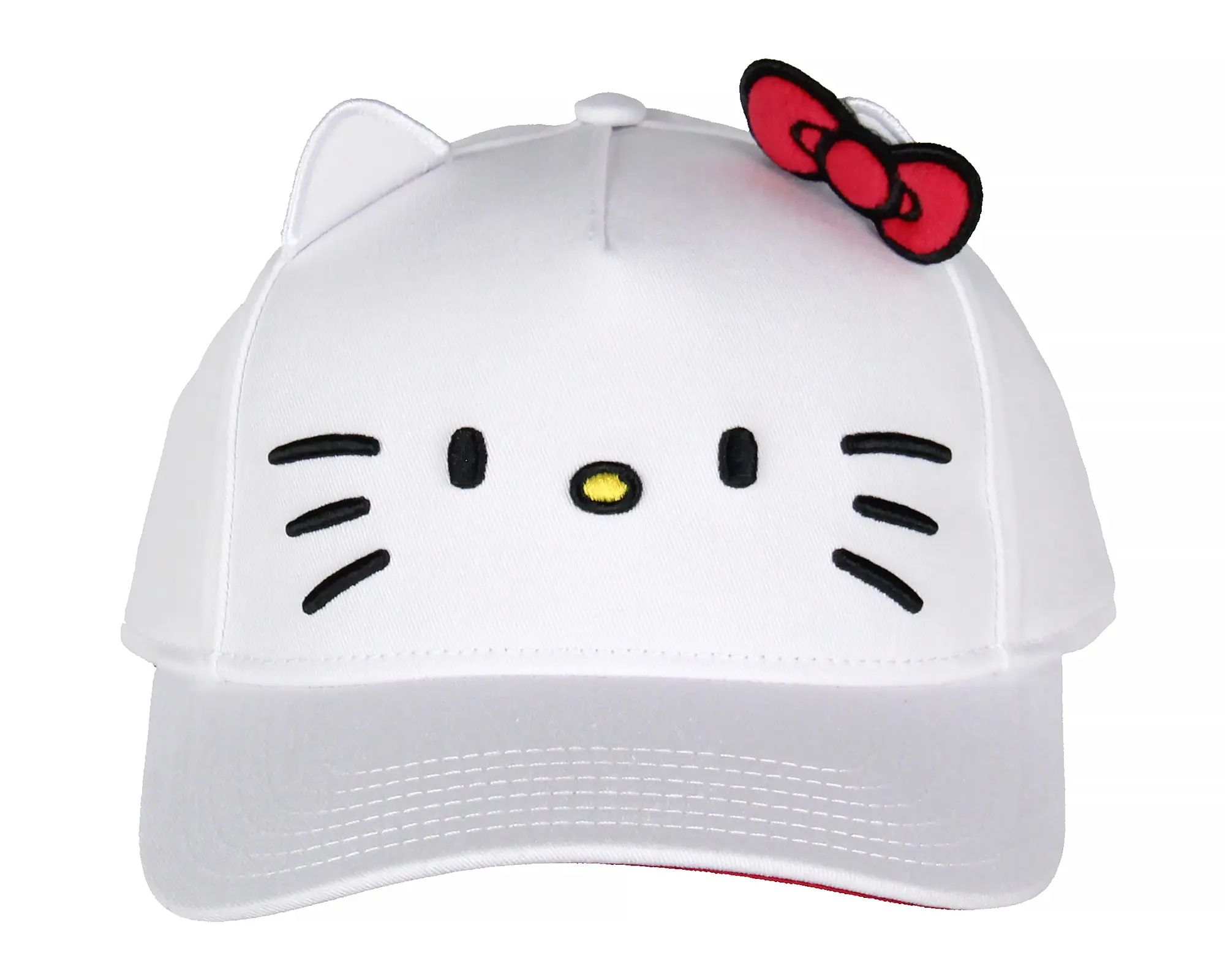 Sanrio Hello Kitty Embroidery Hat - Adult OSFM Fashion Snapback Hat with Embroidered Face, Whiskers, 3D Ears, Red Bow, Casual Outfits Cap for Men and Women, Bow Shaped Hats