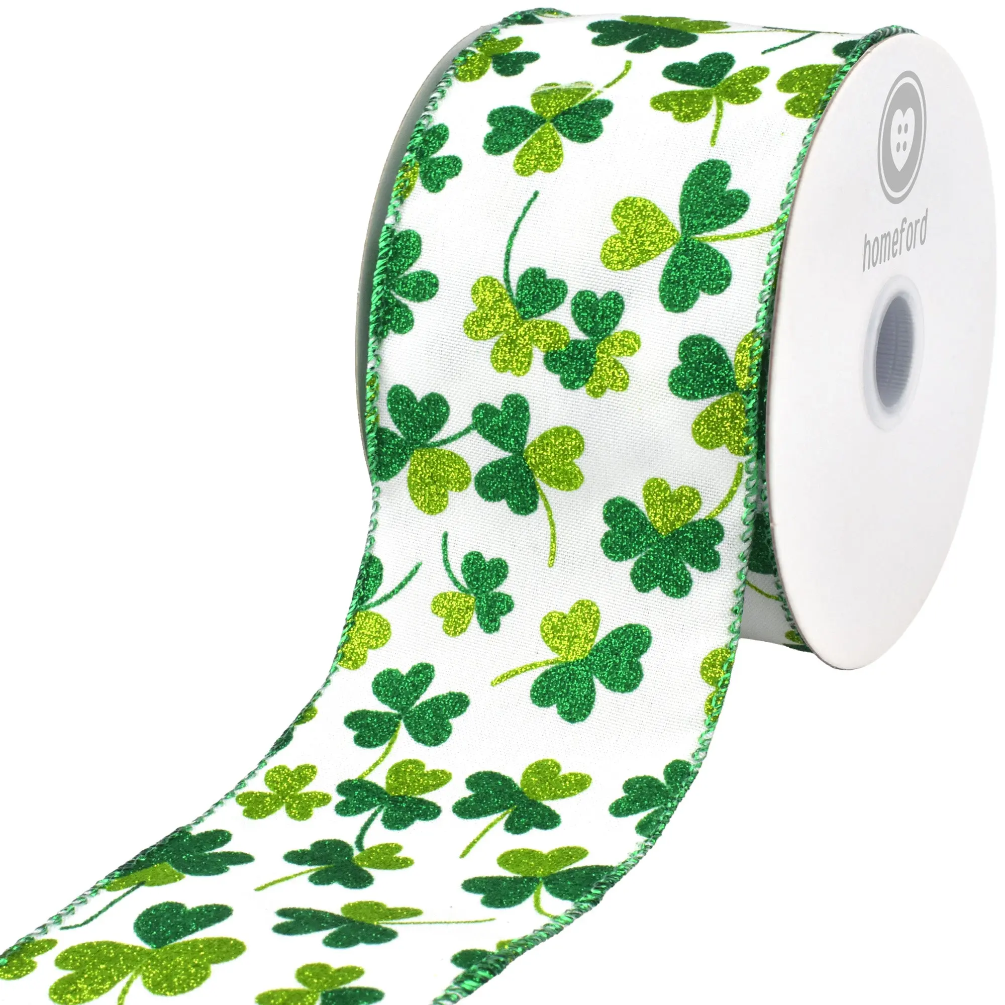 St. Patrick's Glittered Shamrocks Wired Ribbon, 10-yard