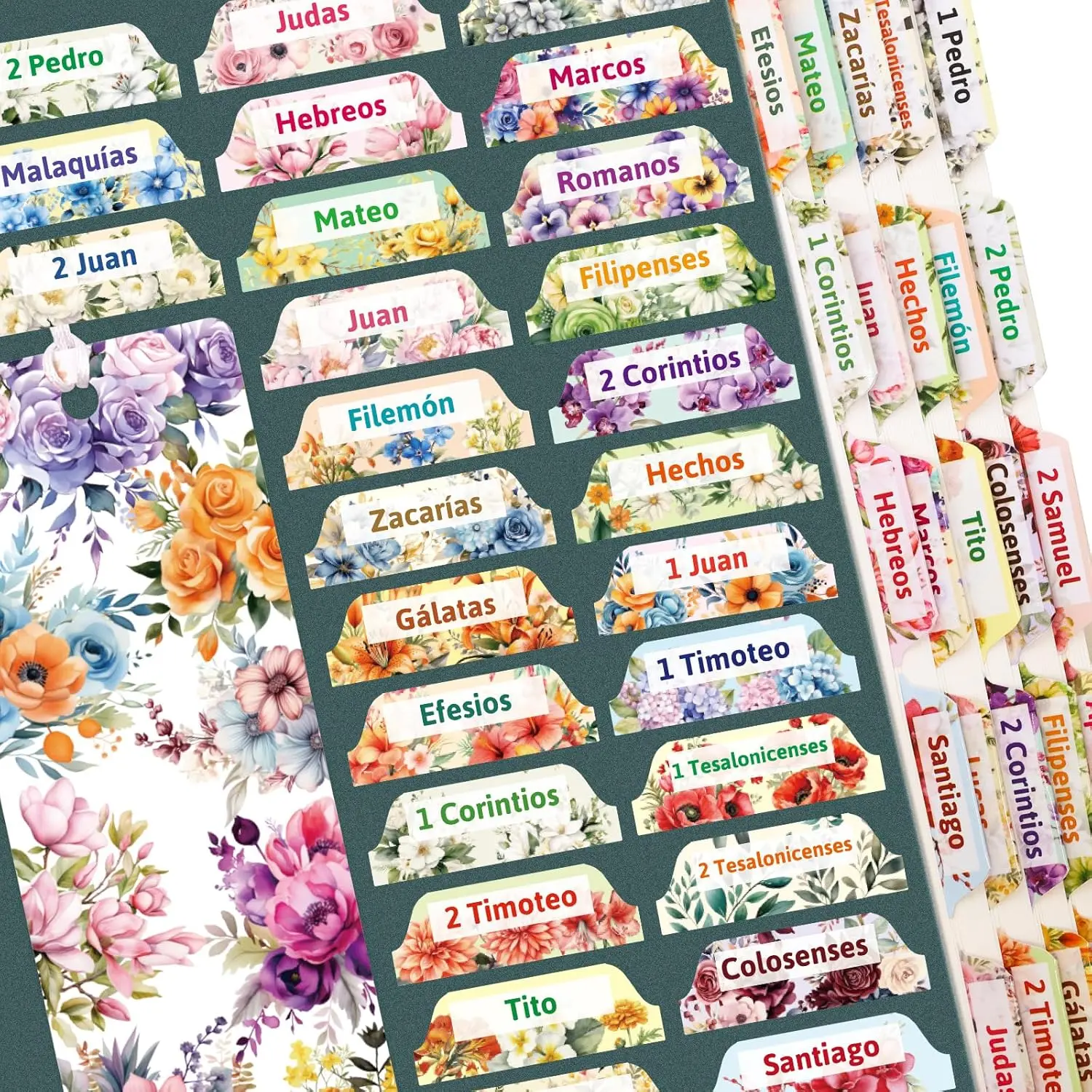 100 count Spanish  Tabs Floral Design Laminated  and Old Testament Index Tabs for Chapters Journaling Accessories Pestanas Separadores de la Biblia en espanol Women Men Study Supplies