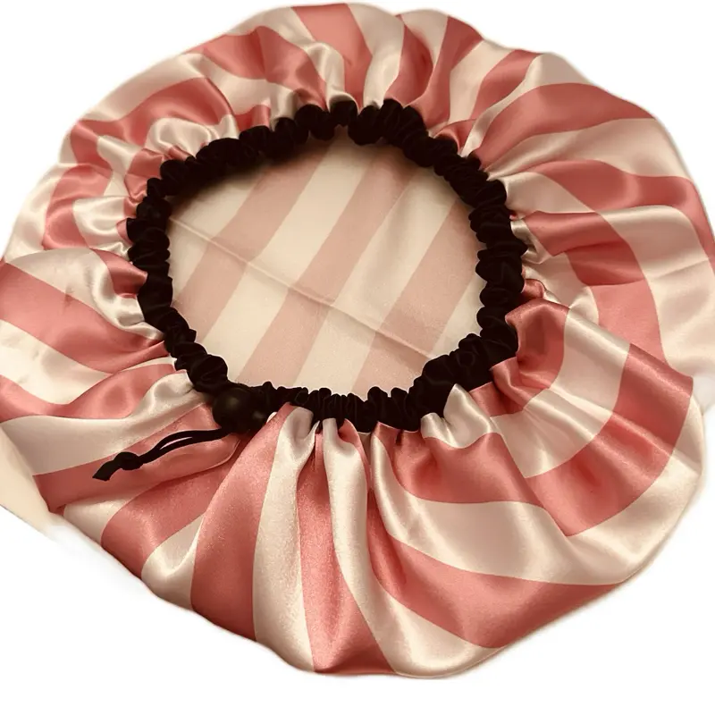 Ruffle Satin Bonnets - Ms Make It Luxury Silky Satin Bonnet Collection - Premium Double-Layer Sleep Cap, Large Size Satin Bonnet, Adjustable Fit Soft Hair Protection Cap for Haircare, Moisture Seal  Pink strips with black band