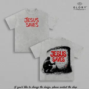 Jesus Saves Vintage Washed Oversized Christian T-Shirt, Graffiti Faith Graphic Tee, Heavy Cotton Streetwear Gospel Top, Unisex Retro Worship Shirt for Believers