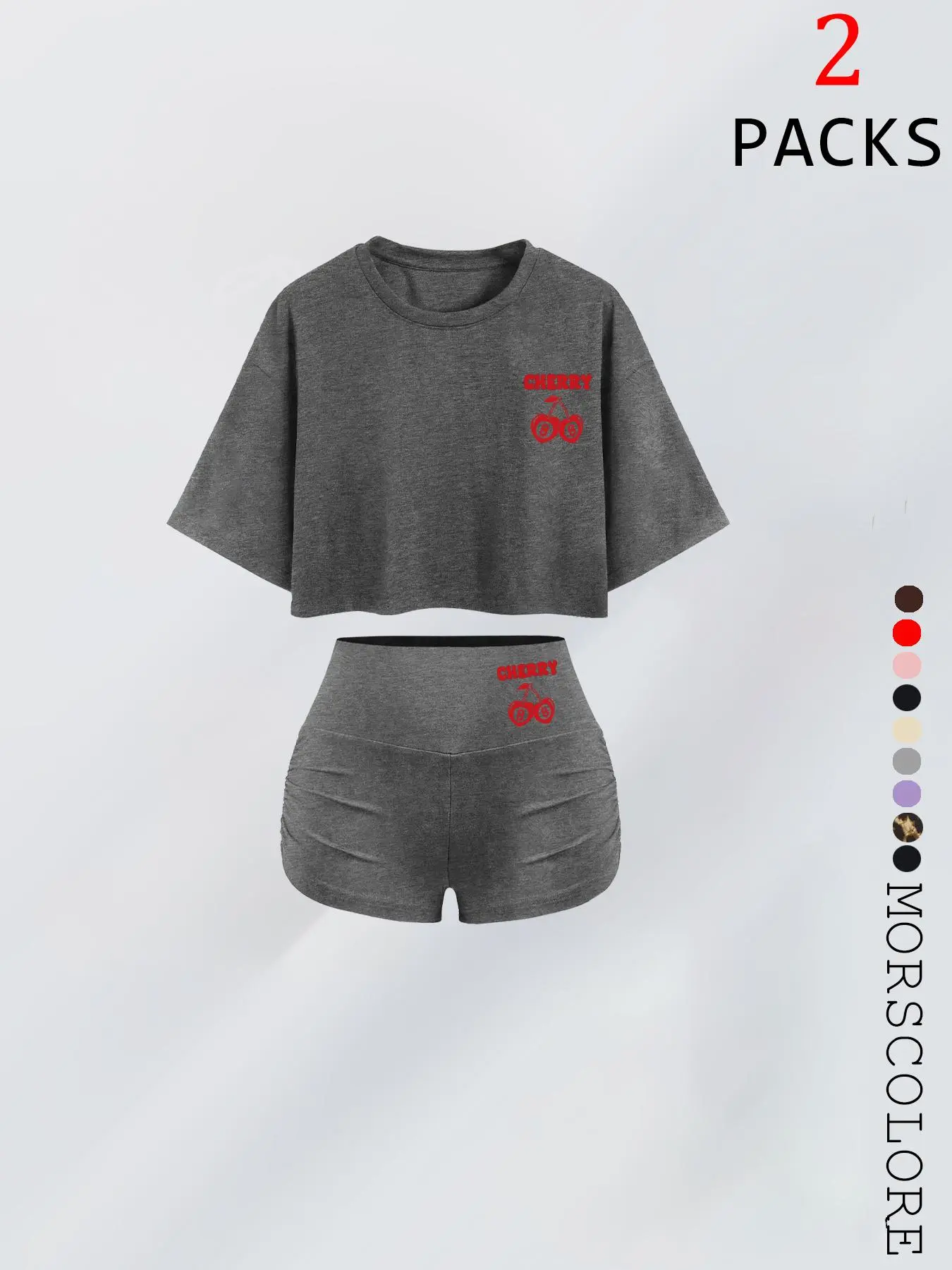 Women's Cherry Print Crop Tee & Skinny Shorts Matching Set, Co Ord Sets, Casual Fashion Cozy Round Neck Short Sleeve T-Shirt & Shorts for Daily Outdoor Wear, Ladies Summer Clothes