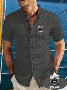 Men's Skull Crossbone Print Shirt, Casual Slim-Fit Short Sleeve, Breathable Stand Collar, Beach Travel, Urban Streetwear, Daily Wear