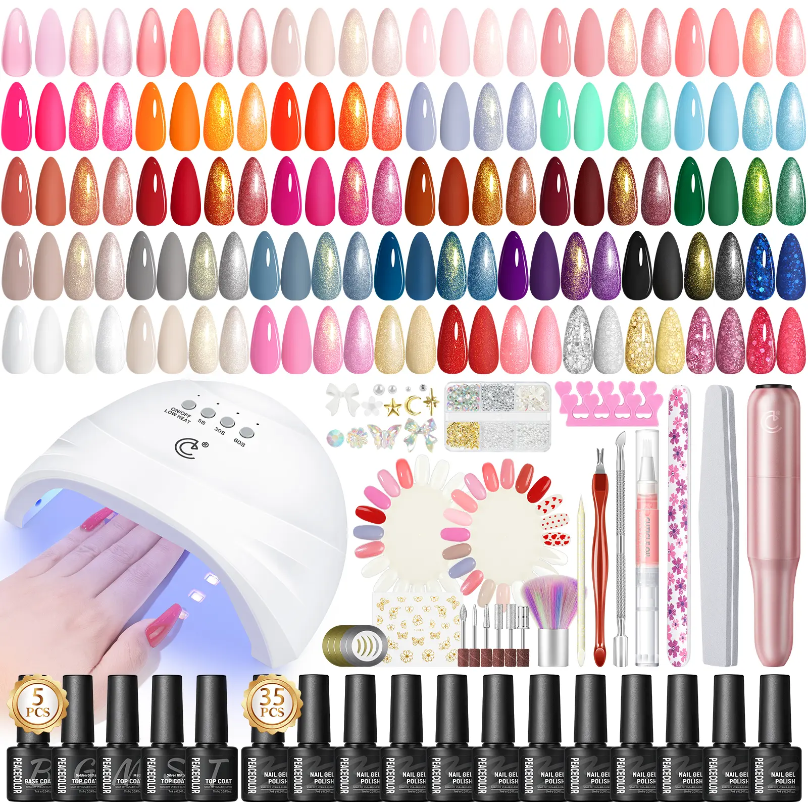PEACECOLOR Gel Nail Polish Kit with UV Light & Drill Top Base Coat Nail Art Supplies French Manicure DIY for Women Gift Top Base Coat 30 LED Beads Low Heat Mode 3 Timer Settings