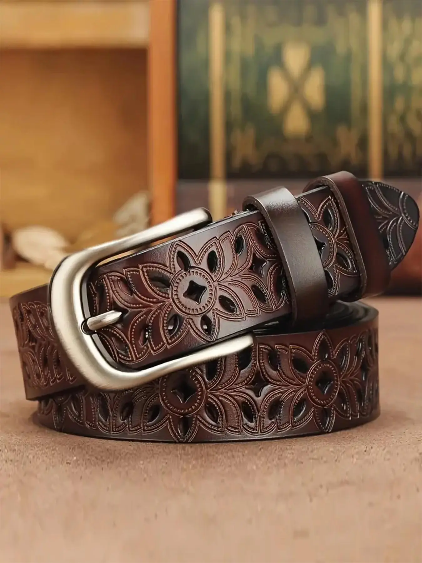 Leather Hollow Flower Belt with Gold Buckle for Jeans Women main image 2