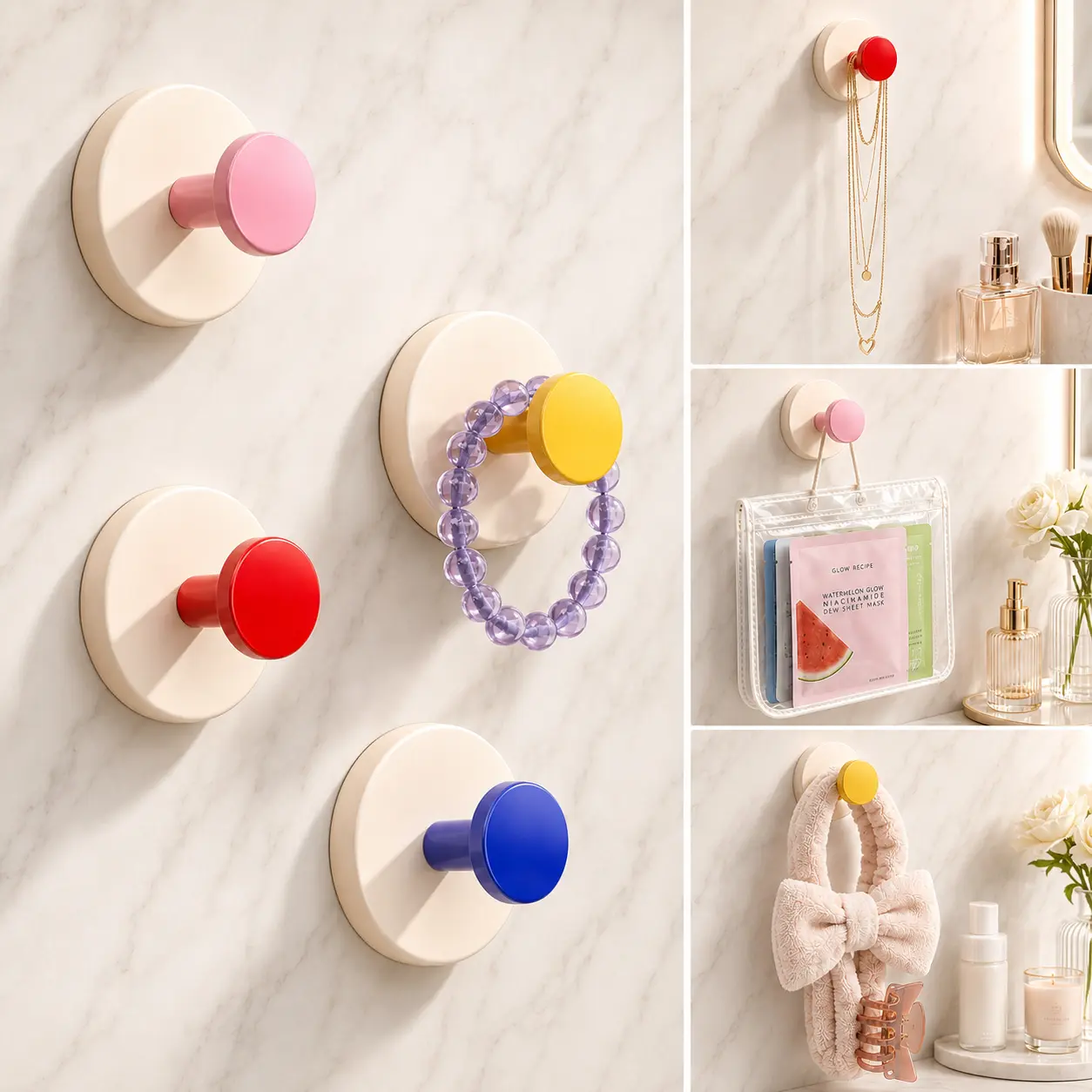 No-Drill Suction Cup Vanity Hooks Set – Aesthetic Mirror Organizer for Beauty Sponges, Hair Scrunchies, Makeup Brushes & Jewelry