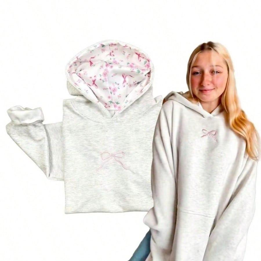 Y2K Sweetheart Style Women's Pink Bow Hoodie Fall Winter Fashion Cozy Cotton with Adorable Pink Bow & Graphics for School Casual Wear Summer Fall/Winter Loose Christmas Halloween