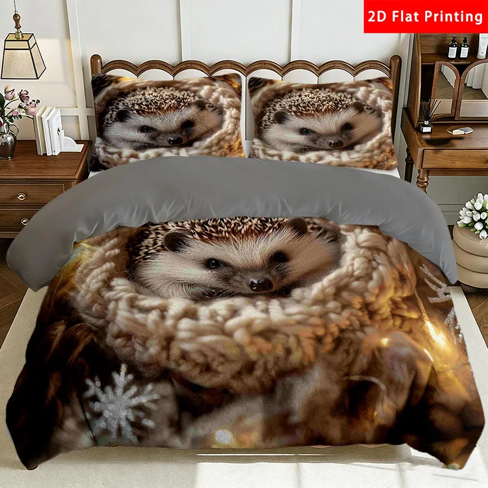 2/3 Pcs 2D Flat Hedgehog Themed Milk Velvet Duvet Cover Set Hedgehog Bedding Set Quilt Cover 1 Duvet Cover + 1/2 Pillowcases Pinecone and Snowflake Decorated Top Sheet Decorative Bedding Bedroom Decor The Preferred Pick for Bedding