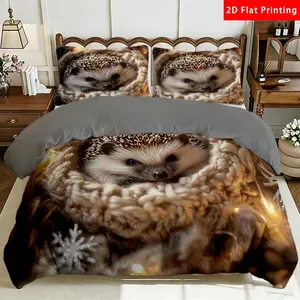 2/3 Pcs 2D Flat Hedgehog Themed Milk Velvet Duvet Cover Set Hedgehog Bedding Set Quilt Cover 1 Duvet Cover + 1/2 Pillowcases Pinecone and Snowflake Decorated Top Sheet Decorative Bedding Bedroom Decor The Preferred Pick for Bedding